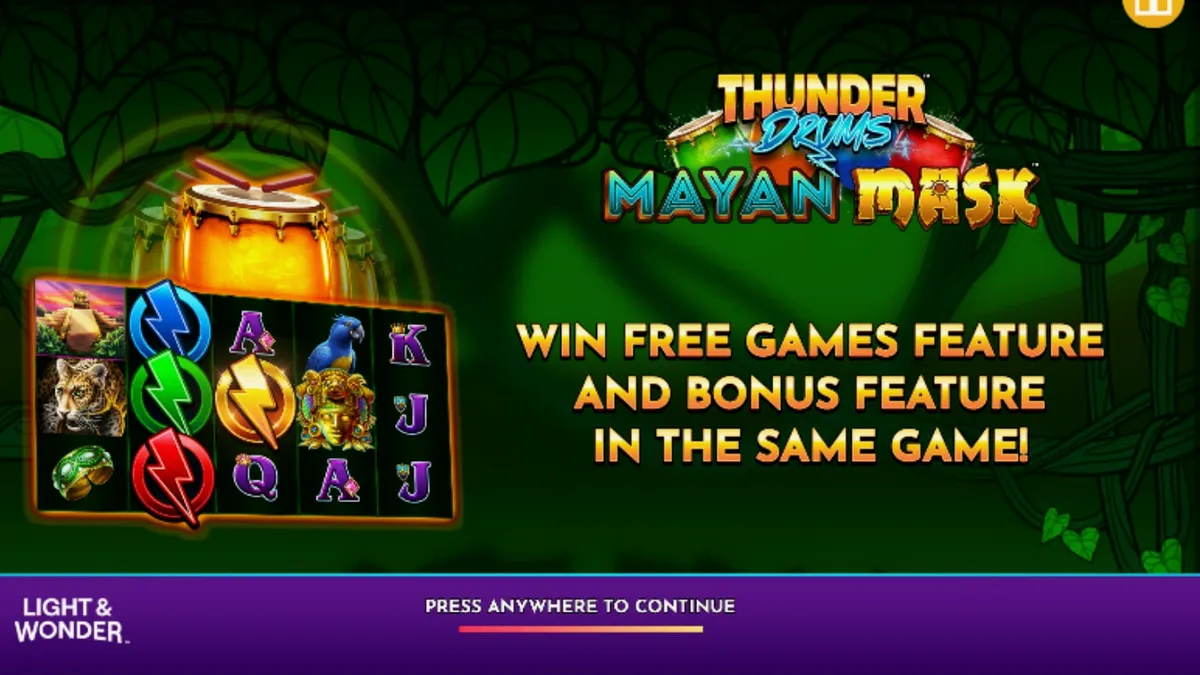 Tampilan visual slot Thunder Drums Mayan Mask dengan nuansa kuil kuno
